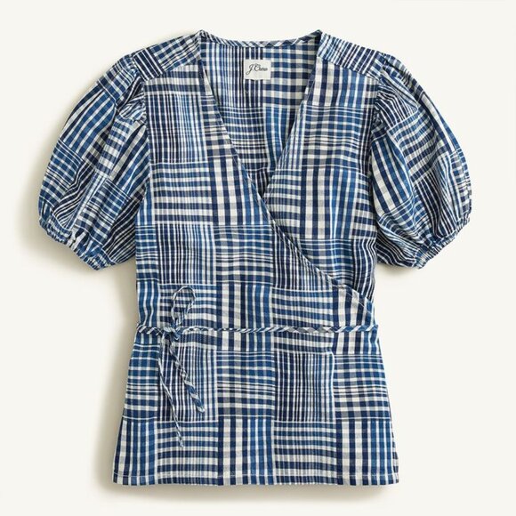 J. Crew Puff-Sleeve Wrap Top in Indigo Patchwork Size Medium - Picture 3 of 16